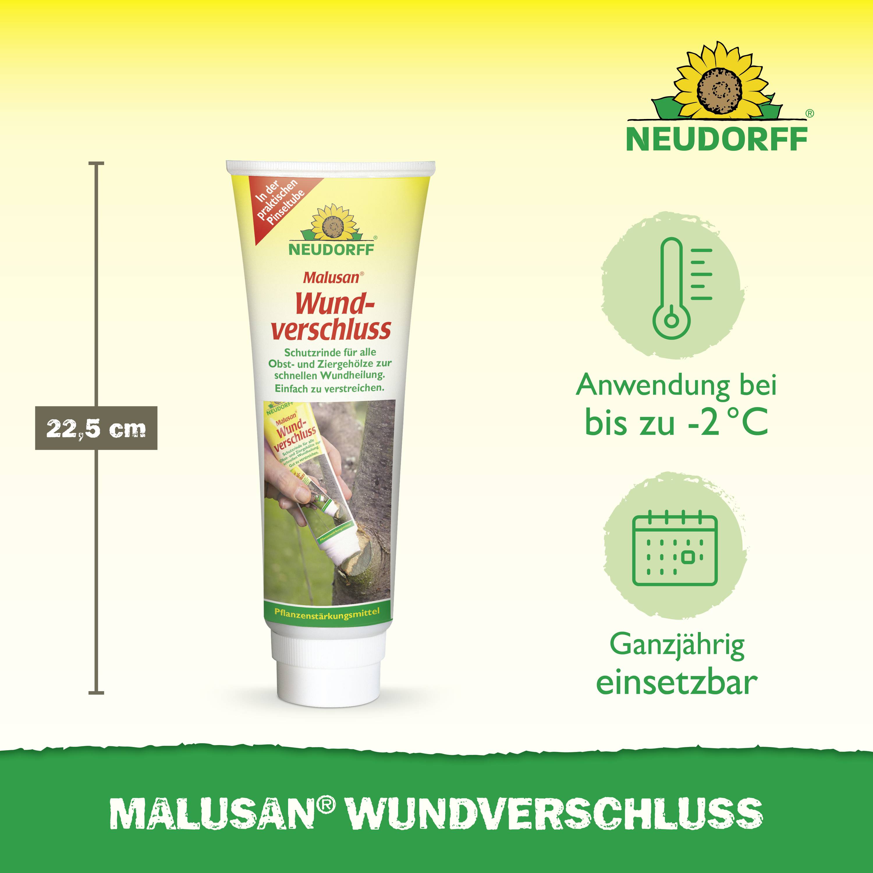 'Malusan Wundverschluss' Tube, 22.5 cm, Anwendung bei bis zu -2°C, ganzjährig einsetzbar. Produkt von Neudorff mit gelbem Hintergrund.