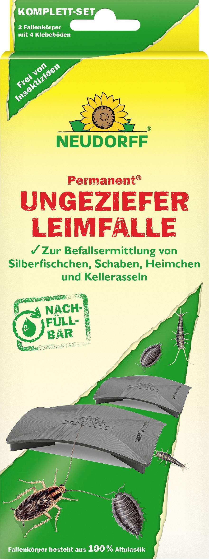 Packung 'Neudorff Permanent Schädlingsklebefallen', verwendet zur Überwachung von Befall durch Silberfischchen, Schaben, Grillen und Kellerkäfer.