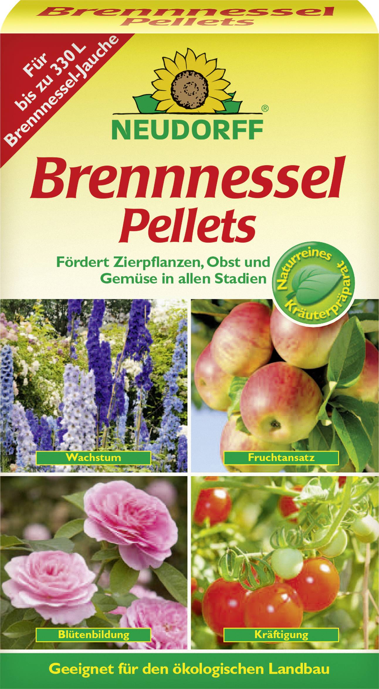 Neudorff Brennnessel Pellets<br><br>Fördert Pflanzenwachstum, Fruchtansatz und Blüte<br>Geeignet für den ökologischen Landbau<br><br>[Images of apples, tomatoes, and flowers]