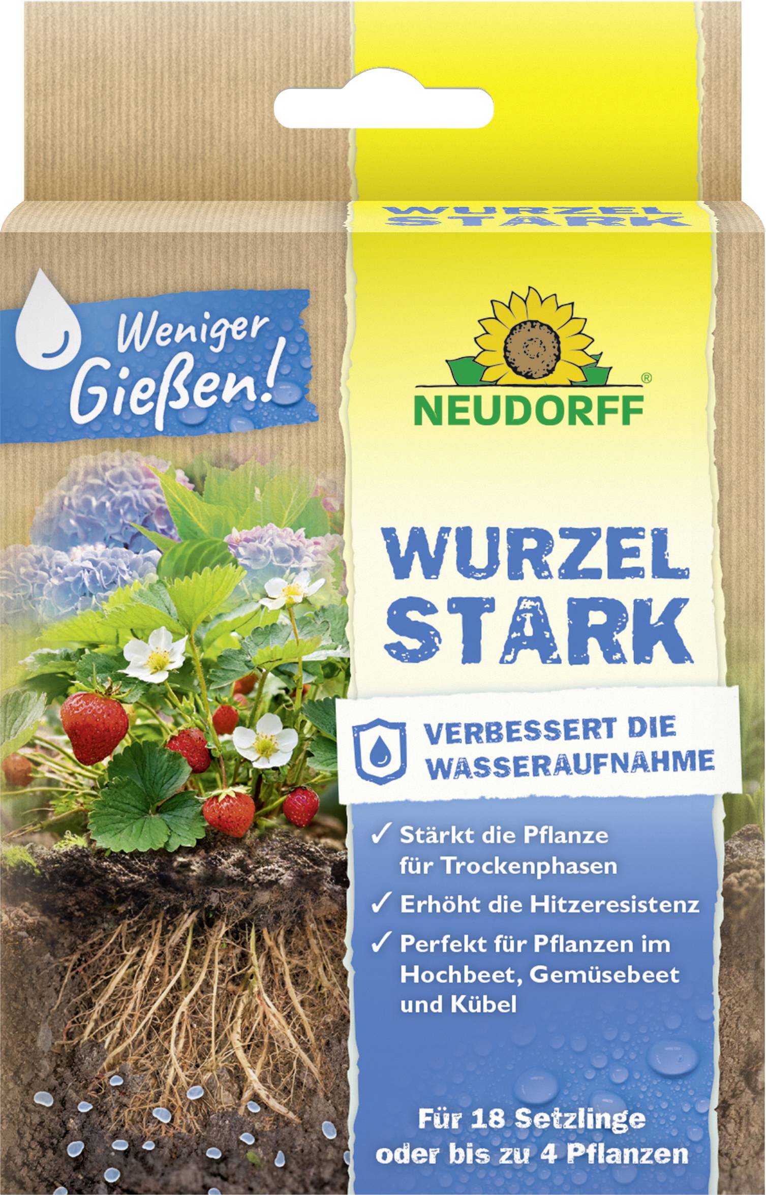 Packung von Neudorffs 'Wurzel Stark' mit Erdbeeren und Blattwerk, mit folgenden Vorteilen: stärkt Pflanzen, verbessert Wasseraufnahme, Hitzeresistenz. Ideal für Beete und Töpfe.