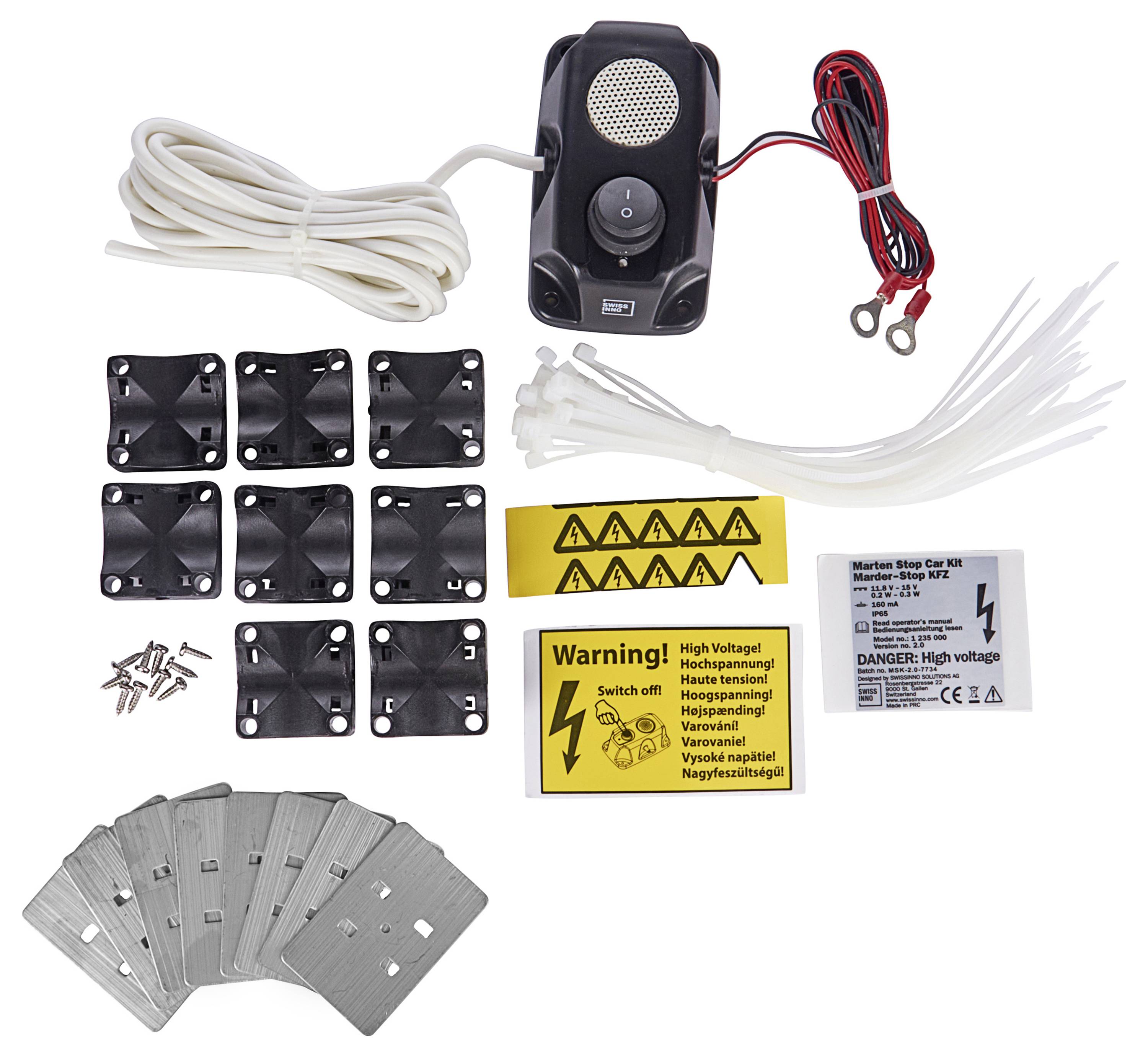 Ein Auto-Sicherheitssystem-Set enthält ein zentrales Lautsprechergerät, Befestigungspads, Kabel, Kabelbinder, Warnaufkleber, Schrauben und Metallplatten.