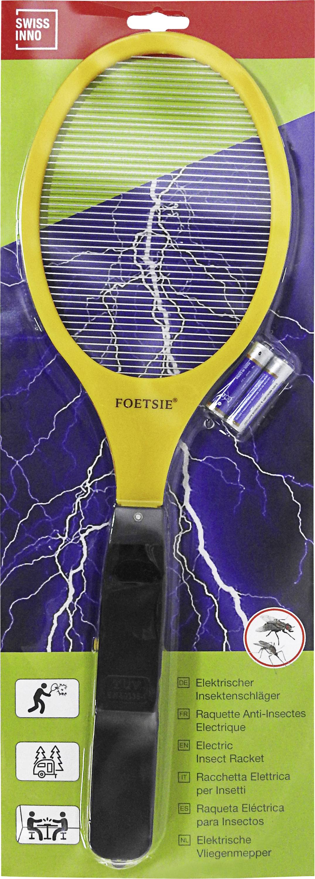 Elektrische Fliegenklatscher der Marke 'Foetsie' in Verpackung. Gelb-schwarze Klatsche mit Gittergeflecht, Batterien inklusive. Visuelle Darstellungen von Blitzen und Fliegenikon.