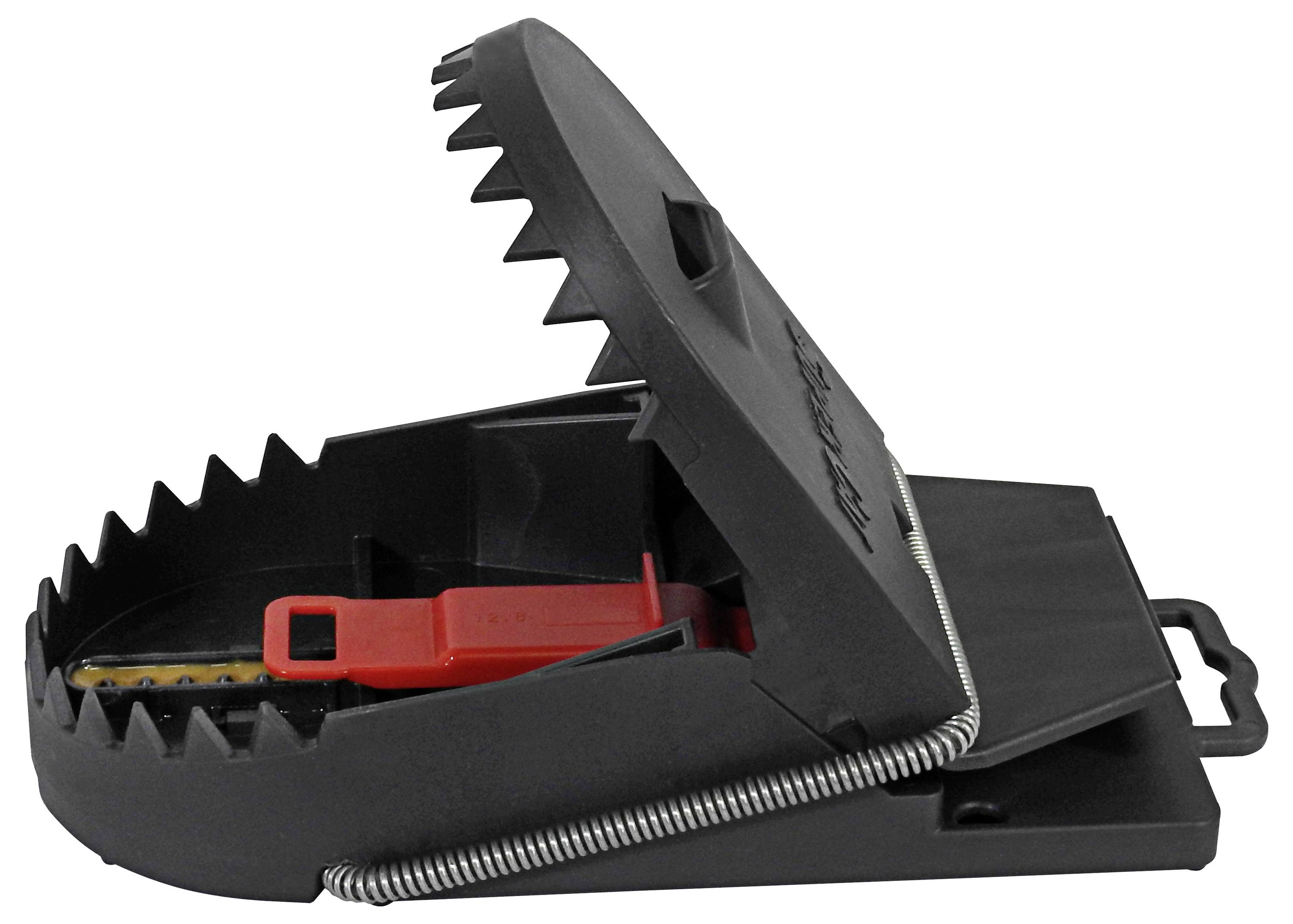 Eine schwarze Kunststoff-Mausefalle mit scharfen Zähnen, einem roten Köderhalter in der Mitte und einem Metallfedermechanismus, dargestellt in offener Position.