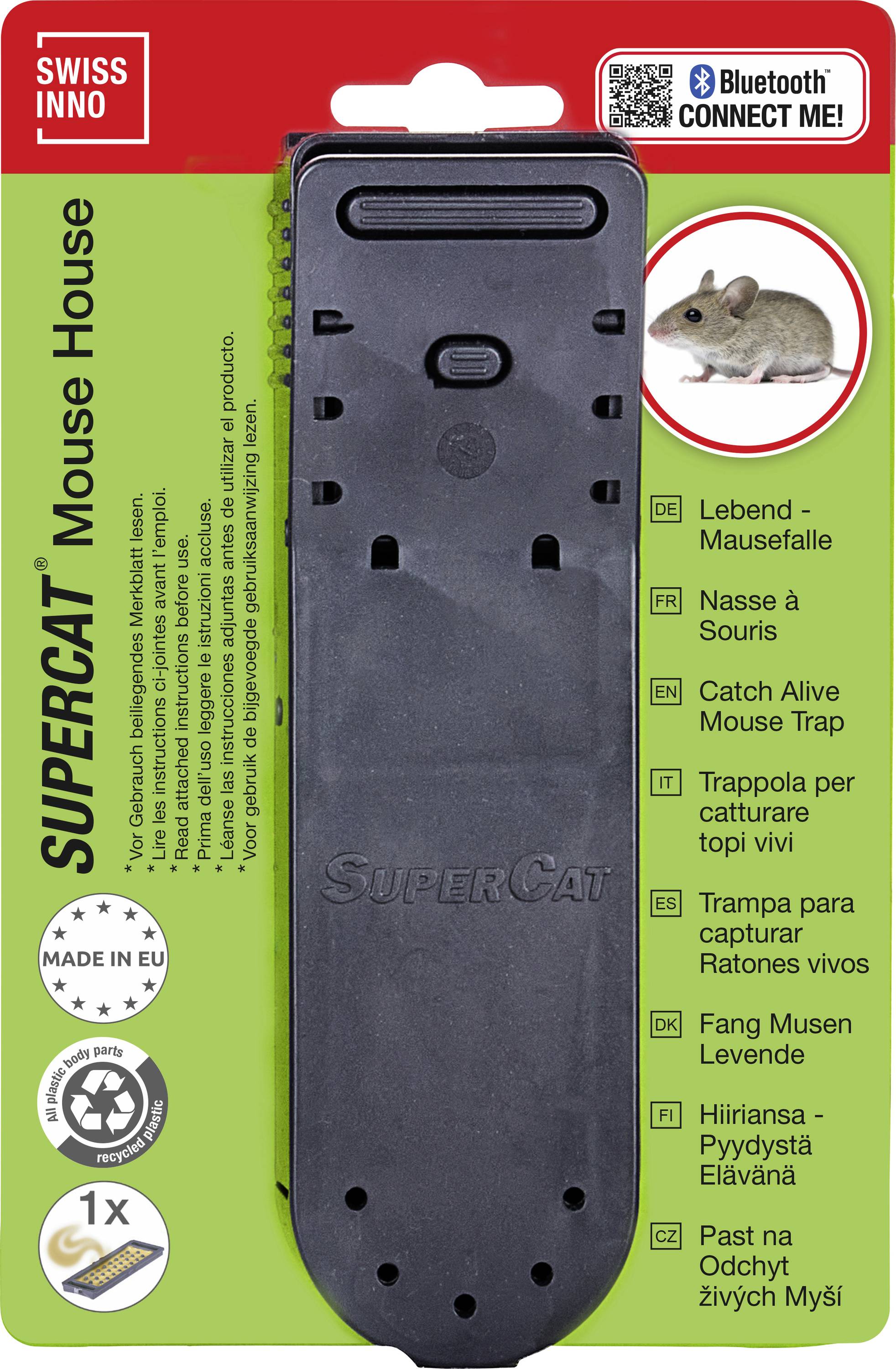 Mausefalle mit Kunststoffgehäuse. Zu den Funktionen gehören ein Fang- und Tötungsmechanismus und einfache Aufbauanweisungen. Identifiziert als 'SuperCat'.
