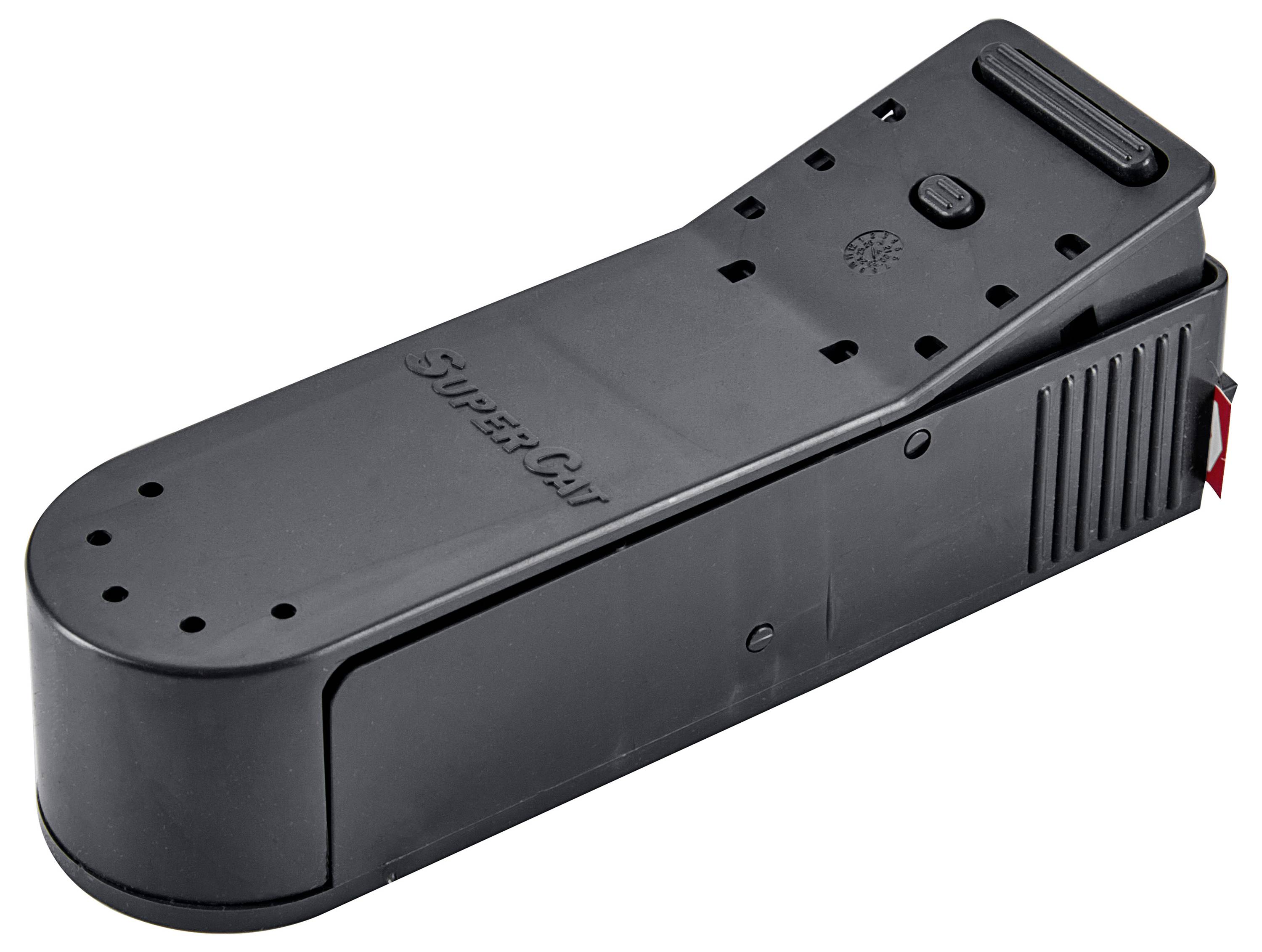 Eine schwarze, rechteckige Mausefalle mit einem erhöhten Bereich und dem Markennamen „SuperCat