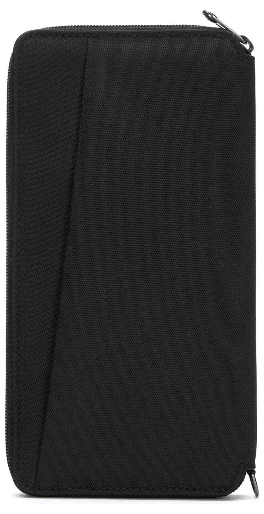 Eine schwarze Brieftasche mit Reißverschluss und minimalistischem Design, die eine diagonale Naht auf der Vorderseite aufweist.