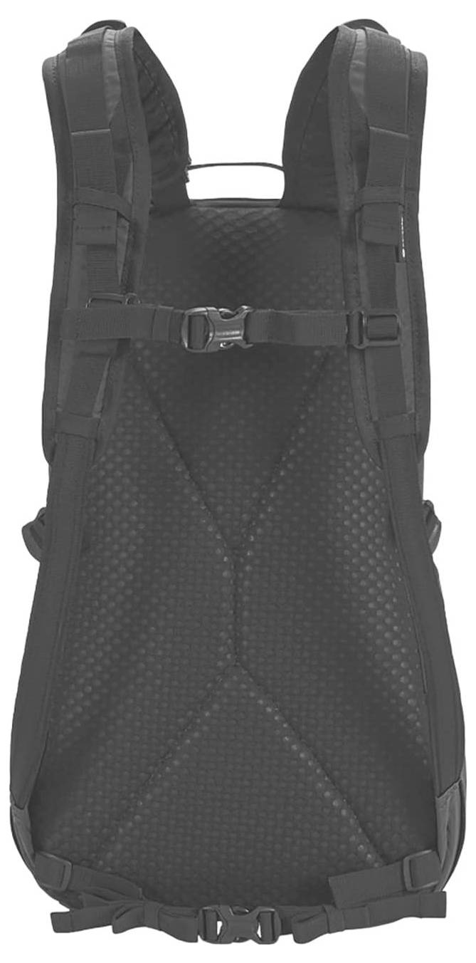 Ein schwarzer Rucksack mit verstellbaren Schultergurten, Brustgurt und Hüftgurt, ausgestattet mit einer gepolsterten ergonomischen Rückenpartie für Halt und Komfort.