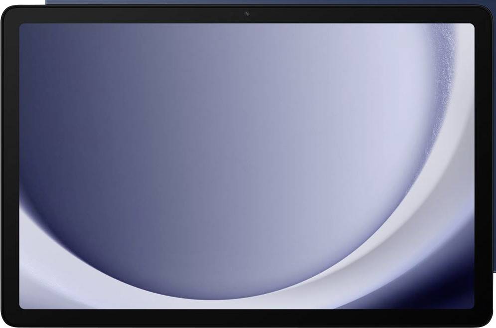 Eine Nahaufnahme eines Tablet-Bildschirms, der ein minimalistisches abstraktes Design in Blau- und Weißtönen zeigt.