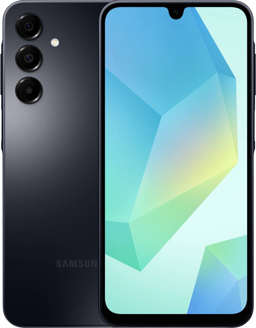 Ein schwarzes Smartphone, das eine bunte geometrische Tapete auf seinem Bildschirm zeigt, mit drei vertikal ausgerichteten Rückkameras.