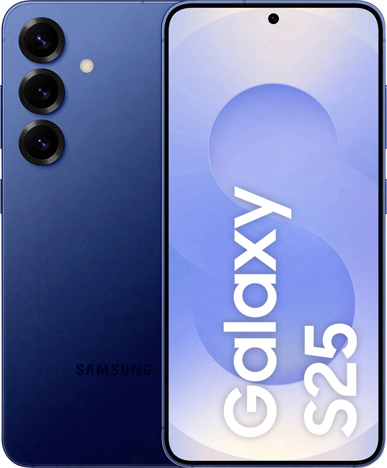 Ein Smartphone mit der Bezeichnung 'Galaxy S25', das eine blaue Rückseite mit drei vertikal ausgerichteten Kameraobjektiven auf der linken Seite aufweist.