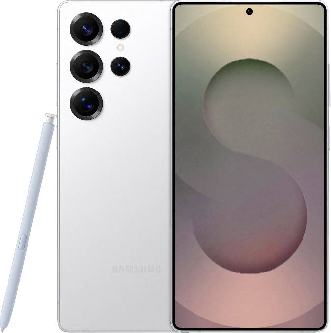 Frontansicht eines weißen Smartphones mit einem großen Bildschirm, auf dem der Buchstabe 'S' angezeigt wird, und drei Rückkameras neben einem Stylus-Stift.