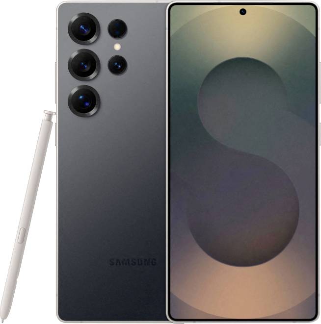 Ein Smartphone mit einem Eingabestift, ausgestattet mit einem großen Bildschirm und mehreren Rückkameras, das einen minimalistischen Hintergrund zeigt.