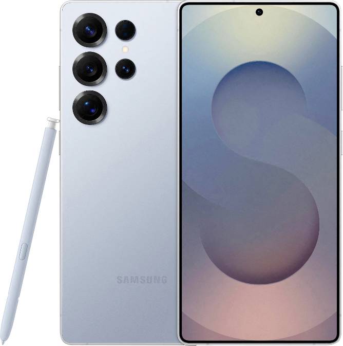 Samsung-Smartphone in Silber mit vier Rückkameras und Stylus, auf dem Bildschirm wird ein stilisierter Buchstabe 'S' angezeigt.