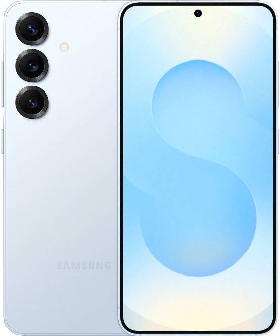 Ein hellblau gehaltenes Smartphone mit drei Rückkameras, eingeprägtem Samsung-Logo und einem lebhaften blauen abstrakten Design auf dem Bildschirm.