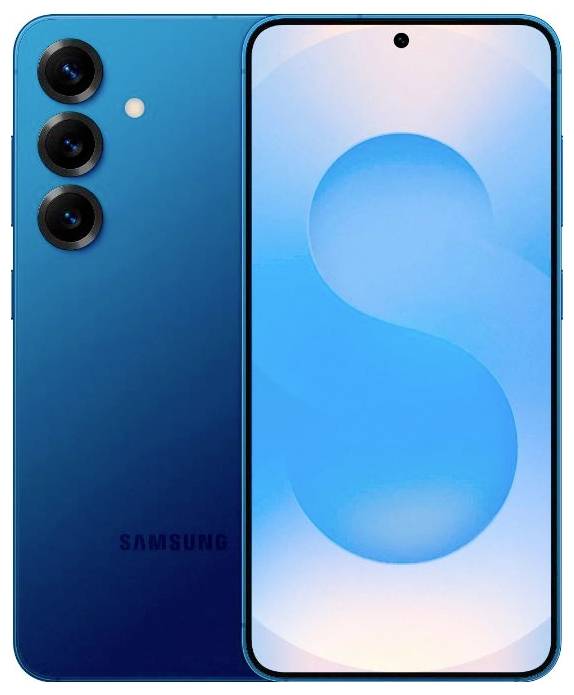 Ein blaues Smartphone mit drei Rückkameras und der Markenbezeichnung 