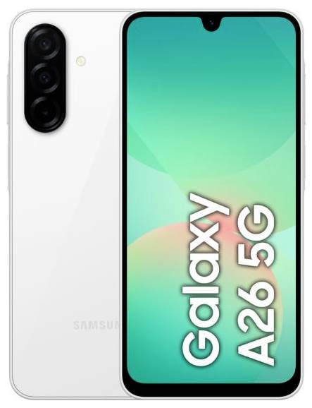 Samsung Galaxy A26 5G Smartphone mit dreifacher Rückkamera und einem Frontbildschirm, der den Text 