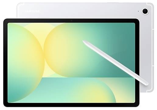 Ein Tablet mit einem Stylus, der diagonal über den Bildschirm gelegt ist. Der Bildschirm zeigt ein abstraktes Design mit sich überlappenden gelben und grünen Kreisen.