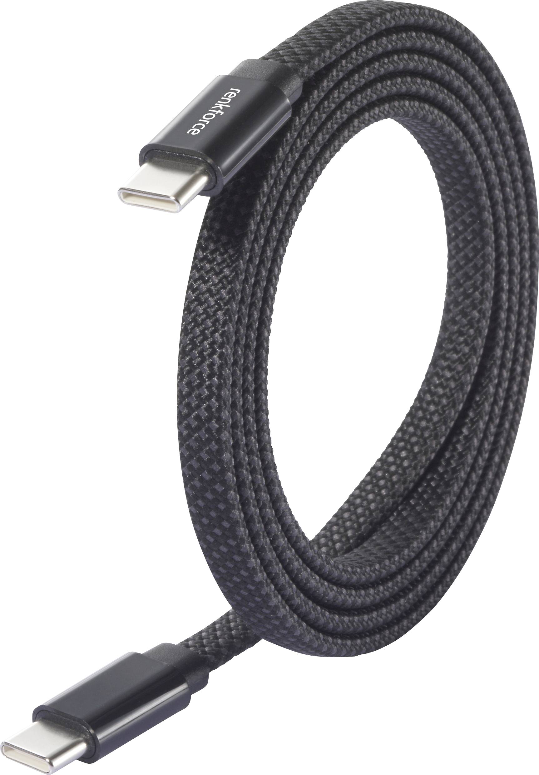 Ein spiralförmiges schwarzes geflochtenes USB-C zu USB-C Kabel mit Metallsteckern, entwickelt für Laden und Datentransfer.