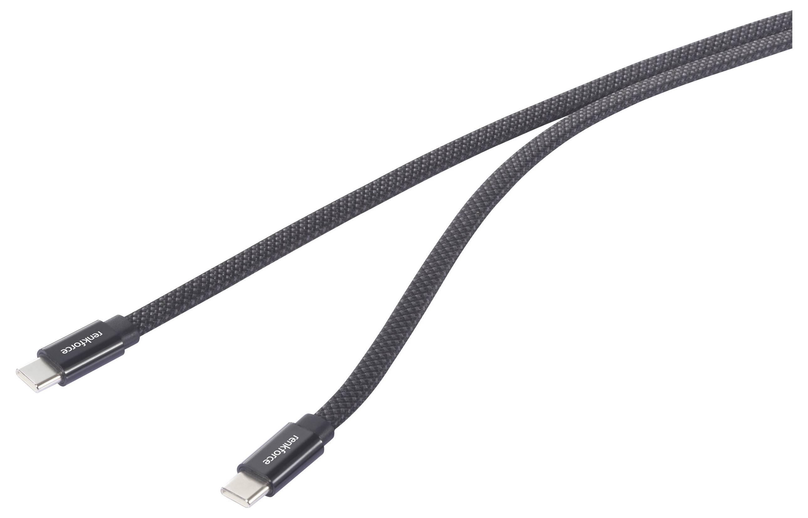 Zwei schwarze geflochtene USB-C-Kabel, die sich zum unteren Bildrand neigen und dabei ihre Flexibilität und elegante Gestaltung betonen.
