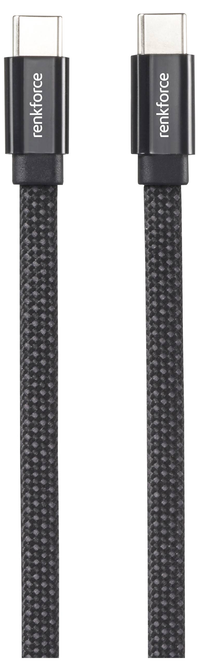 Ein schwarzes geflochtenes USB-C zu USB-C Kabel mit Anschlüssen an beiden Enden zum Laden oder Datentransfer.