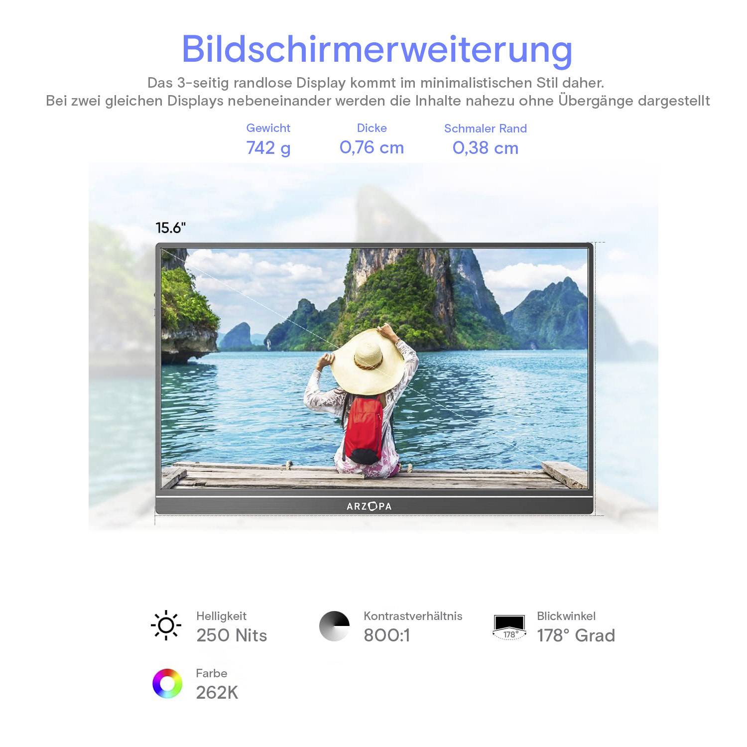 Arzopa S1 Table Portabler Monitor EEK A (A - G) 39.6cm (15.6 Zoll) 1920 x 1080 Pixel 16:9 25 ms HDMI®, USB-C®, USB-A (Host) IPS