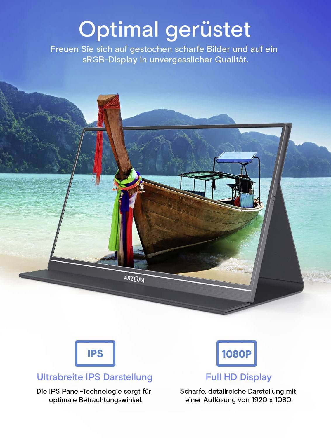 Arzopa S1 Table Portabler Monitor EEK A (A - G) 39.6cm (15.6 Zoll) 1920 x 1080 Pixel 16:9 25 ms HDMI®, USB-C®, USB-A (Host) IPS
