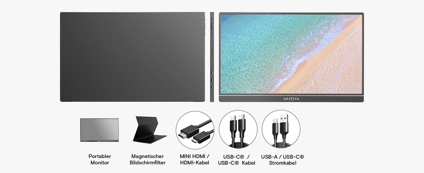 Tragbarer Monitor von vorne und hinten gezeigt mit Strandansicht auf dem Bildschirm. Enthält magnetische Abdeckung, Mini-HDMI/HDMI-Kabel, USB-C-Kabel und USB-A/USB-C-Stromkabel.