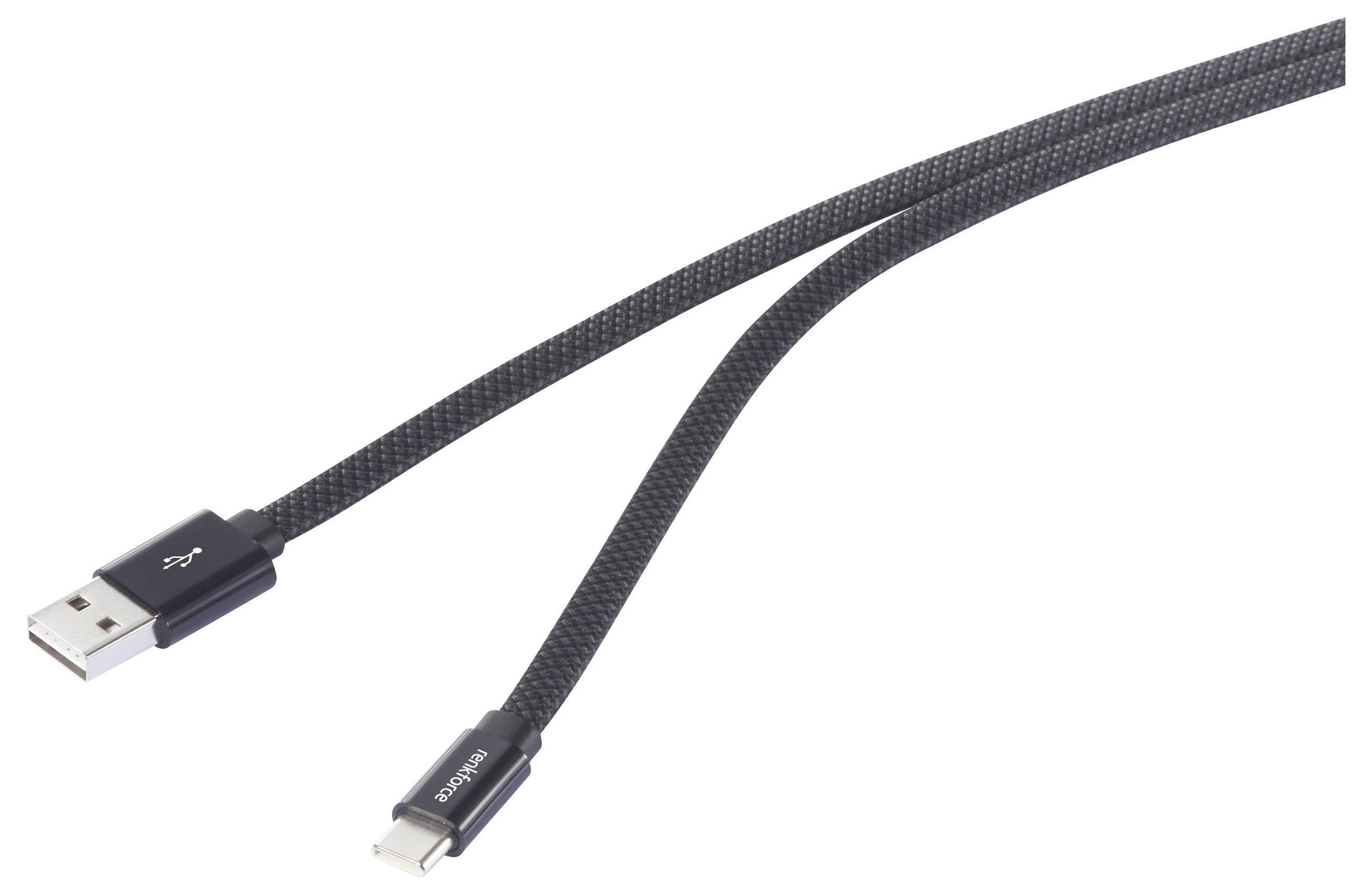 Ein schwarzes geflochtenes USB-Kabel mit einem USB Typ-A-Stecker auf der einen Seite und einem USB Typ-C-Stecker auf der anderen Seite.