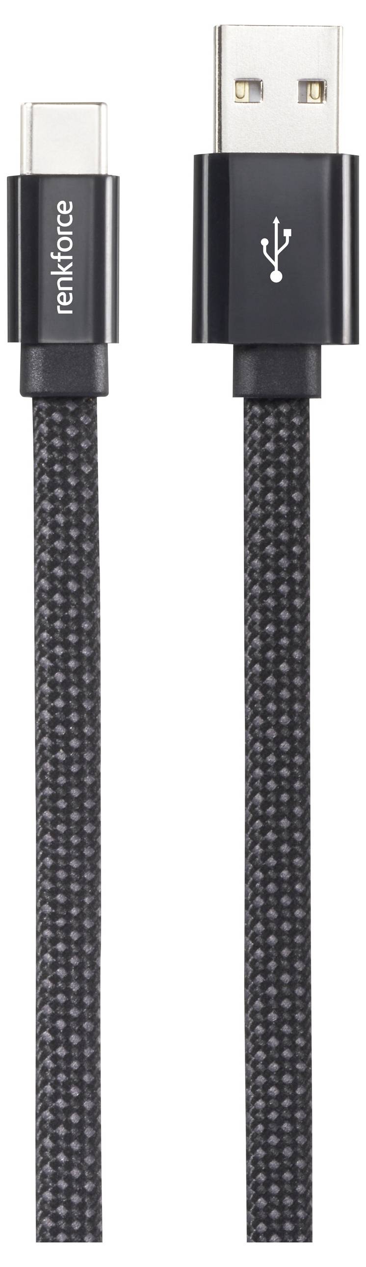 Ein schwarzes geflochtenes Kabel mit USB-C- und USB-A-Steckern, mit dem Etikett „renkforce