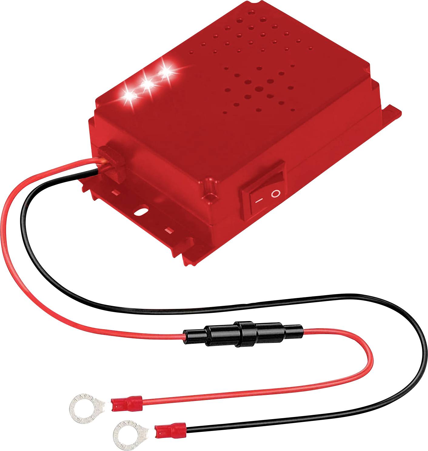 Ein rotes elektronisches Gerät mit angeschlossenen schwarzen und roten Kabeln, ausgestattet mit einem Netzschalter und LED-Anzeigen.