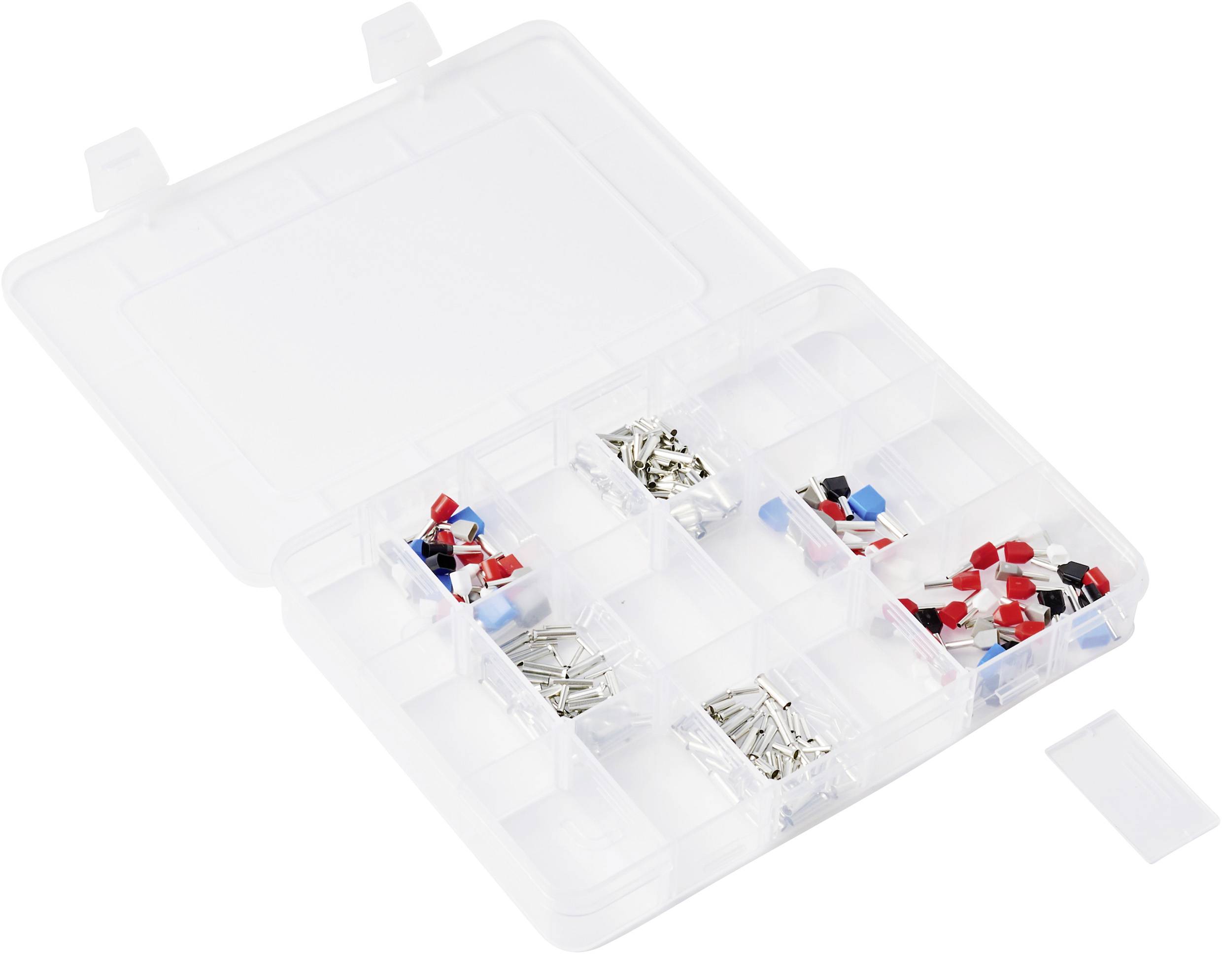 Eine transparente Kunststoffbox mit Fächern, die bunte Kabelverbinder und silberne Anschlüsse enthält und zur Organisation von elektrischen Leitungen verwendet wird.