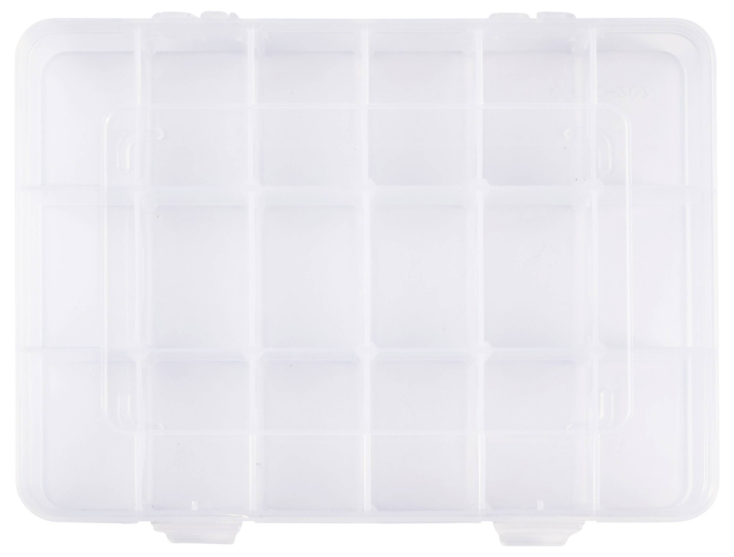 Eine durchsichtige Kunststoff-Aufbewahrungsbox mit mehreren Fächern.