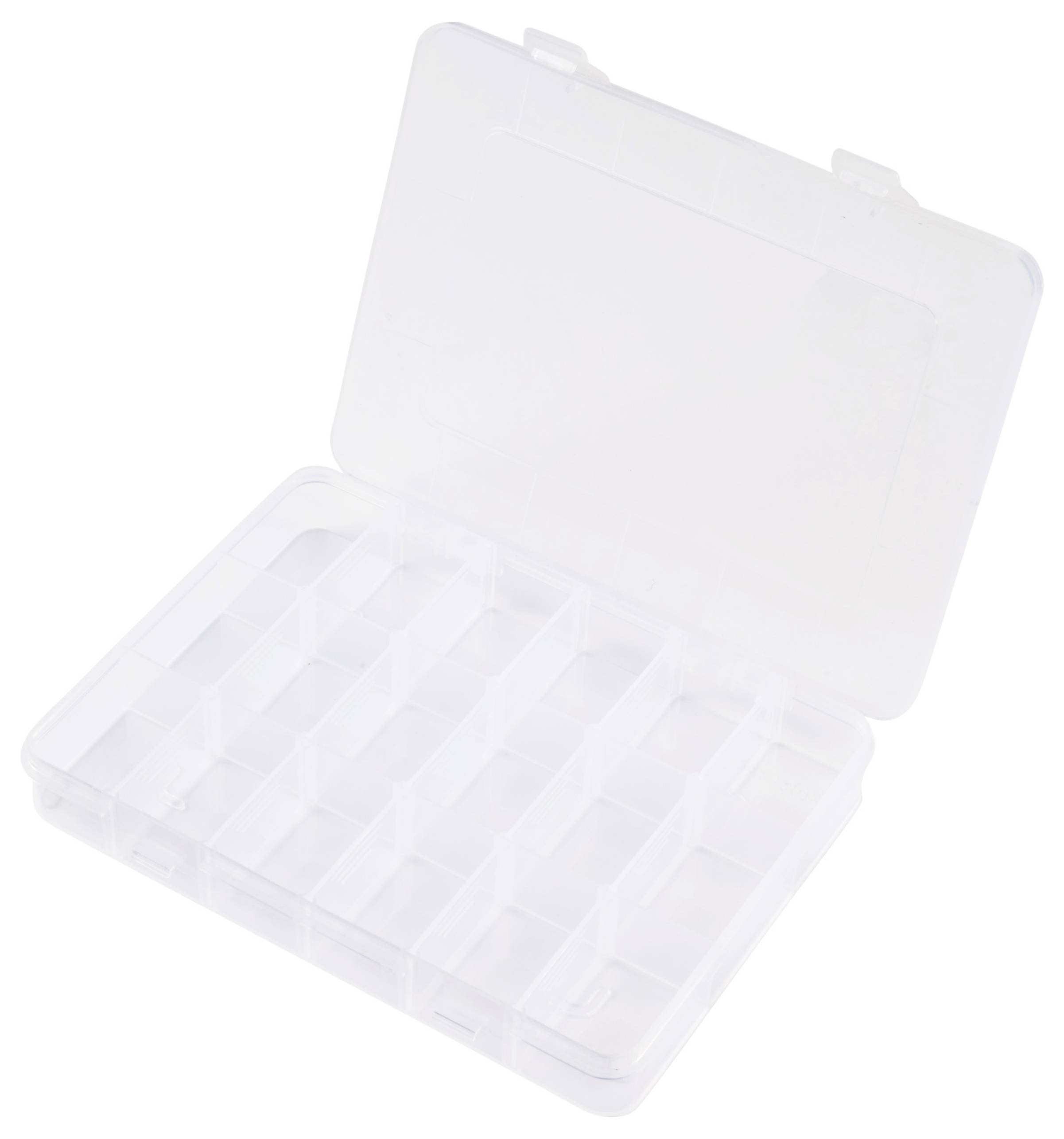 Eine transparente Kunststoff-Aufbewahrungsbox mit mehreren kleinen Fächern und einem offenen Deckel, die zum Sortieren von kleinen Gegenständen entwickelt wurde.