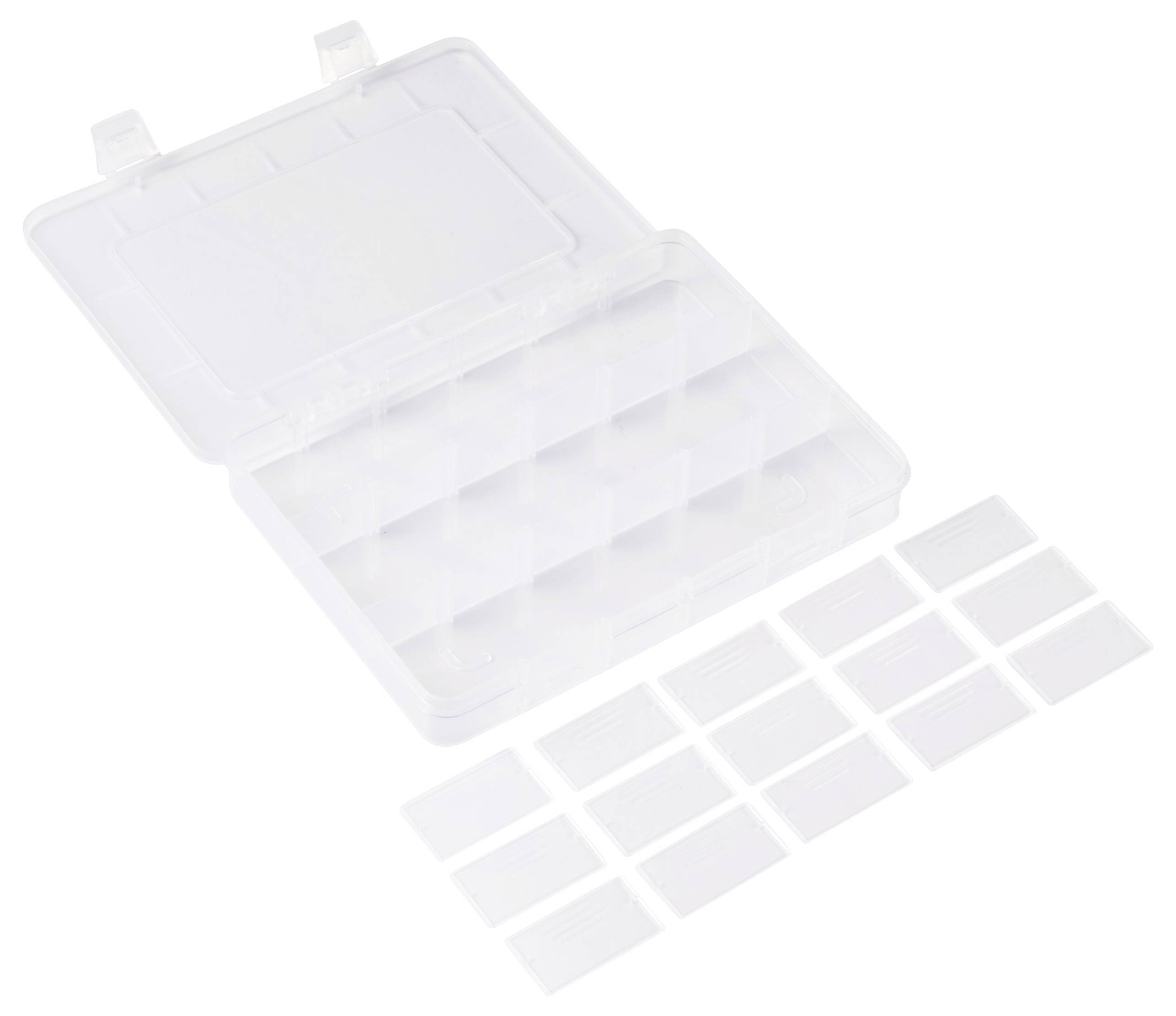 Durchsichtige Plastikbox mit offenem Deckel, die mehrere kleine rechteckige Fächer enthält, wahrscheinlich zum Organisieren von Gegenständen.