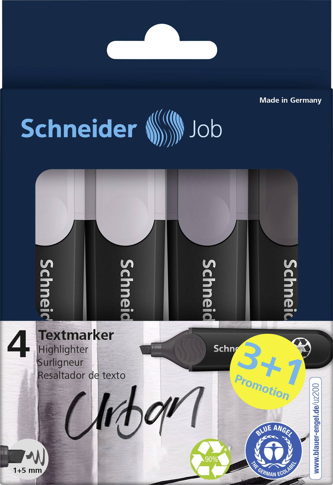 Schneider Schreibgeräte Textmarker Job grau sortiert Karton-Etui 4 Stück Aktion 3+1 115174 Grau 5mm 4St.