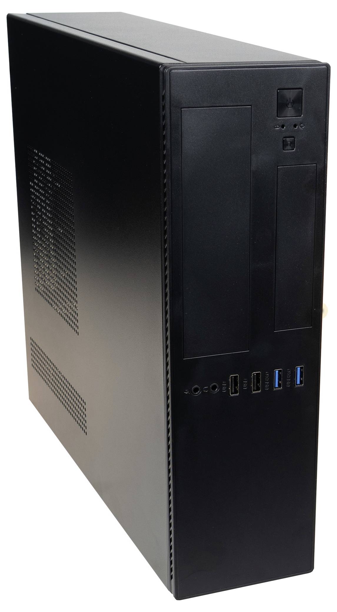 Ein schlanker, schwarzer Desktop-Computerturm mit sichtbaren Anschlüssen für Audio, USB und Strom auf dem Frontpanel.
