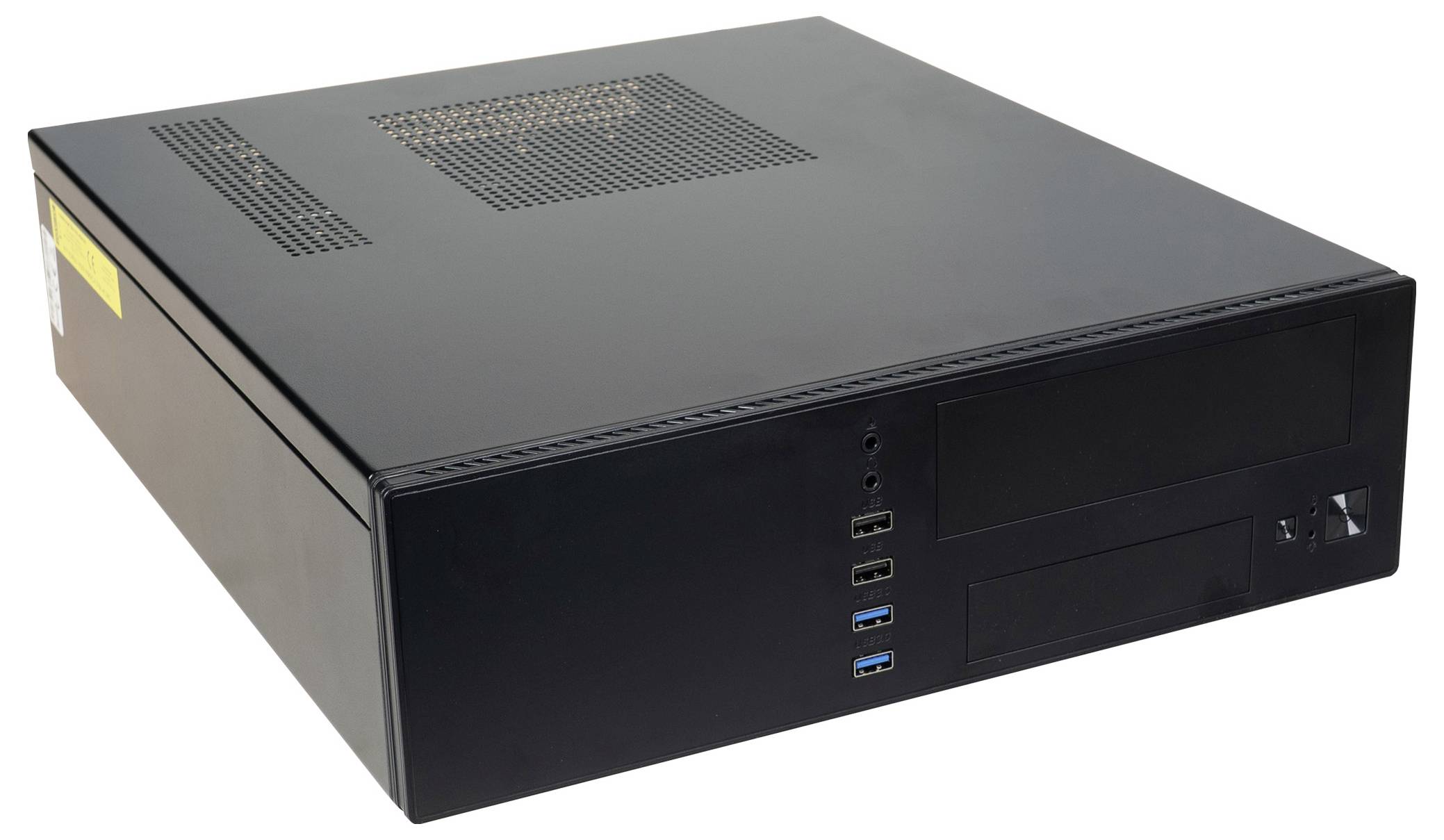 Ein schwarzes Desktop-Computergehäuse mit frontseitigen USB-Anschlüssen, Einschaltknopf und Belüftung auf der Oberseite, entwickelt zur Aufnahme von Computerkomponenten.