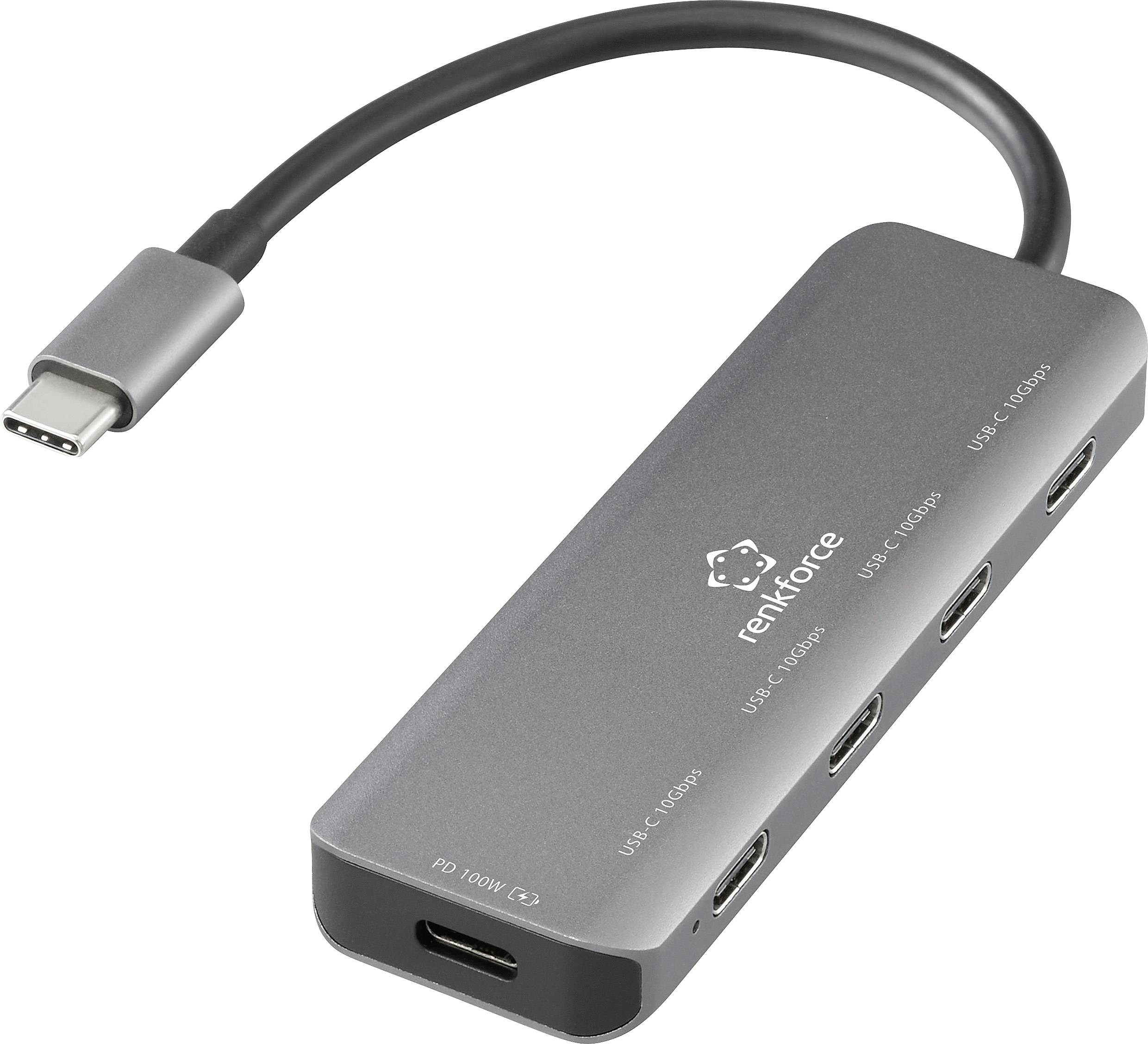 Ein kompakter USB-C-Hub mit fünf USB-C-Anschlüssen, beschriftet für verschiedene Leistungsausgänge und Datenübertragungsraten, und verbunden durch ein kurzes Kabel.