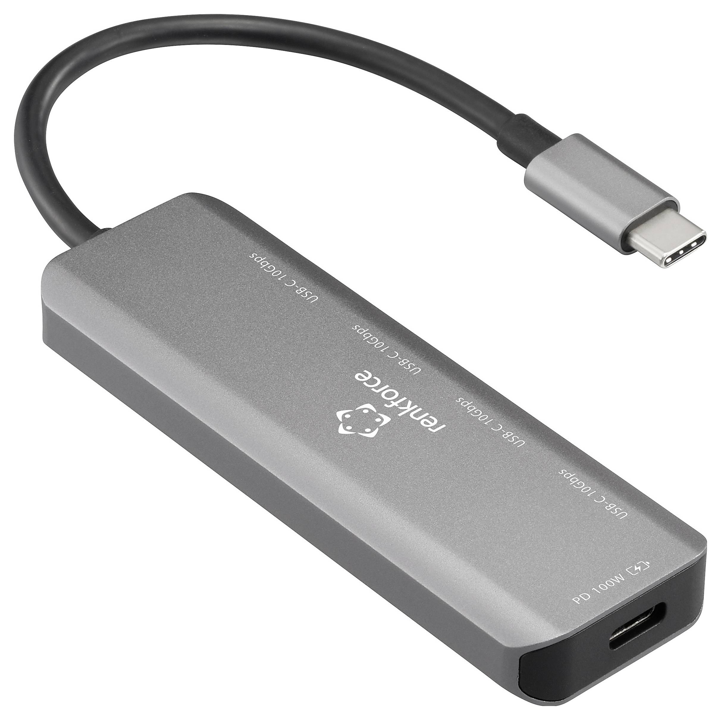Ein schlanker, metallischer USB-C-Hub mit mehreren Anschlüssen, einschließlich eines HDMI- und USB-A-Ports. Das Kabel ist zur einfachen Verbindung angeschlossen.