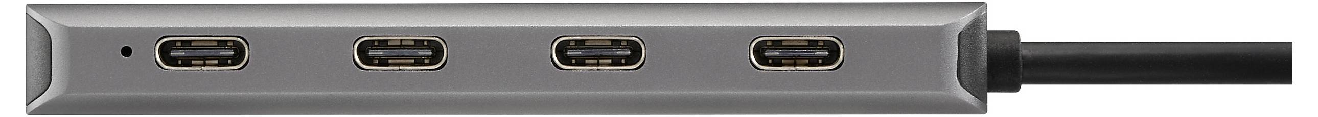 Ein grauer USB-C-Hub mit vier Anschlüssen und einem Verbindungskabel, von der Seite gezeigt.