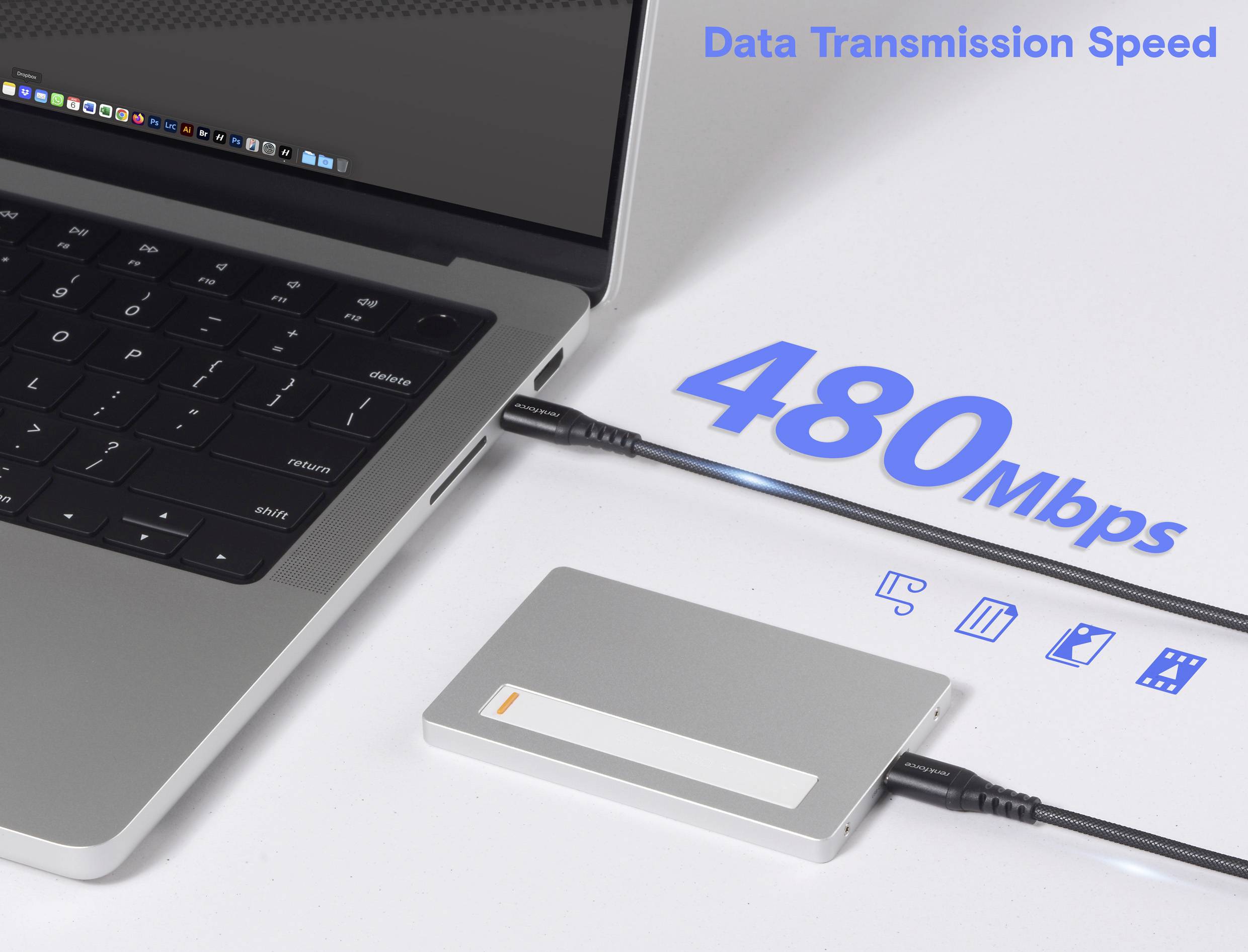 Ein Laptop, der über ein Datenkabel mit einer externen Festplatte verbunden ist, das mit '480 Mbps' beschriftet ist. Symbole zeigen Energie-, Datenübertragungs- und Speicherfunktionen an.