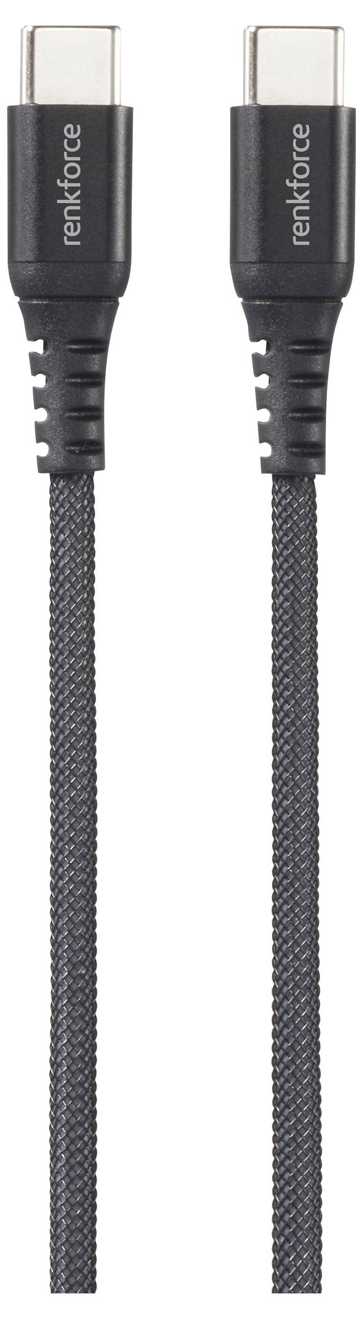 Zwei schwarze USB-C-Kabel nebeneinander, jedes mit einer strukturierten Oberfläche und mit der Aufschrift „renkforce