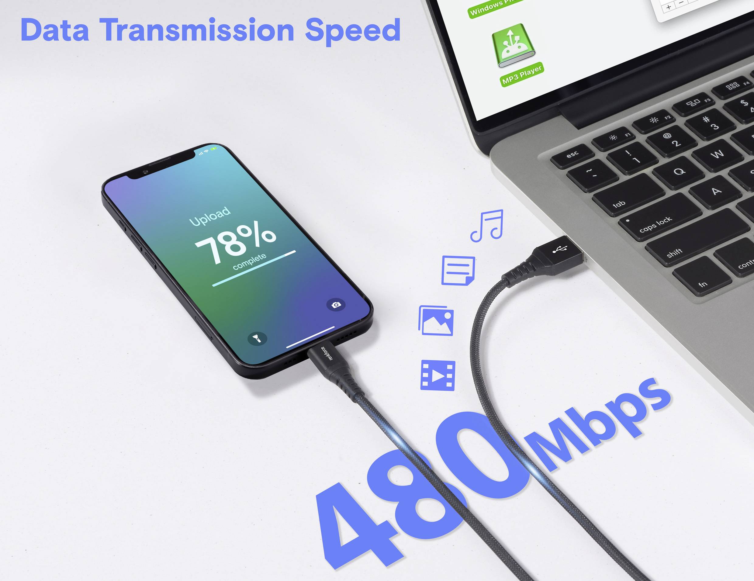 Ein Smartphone, das über ein USB-Kabel mit einem Laptop verbunden ist, mit dem Text: Datenübertragungsgeschwindigkeit 480 Mbps. Auf dem Bildschirm des Telefons wird 78% Upload-Fertigstellung angezeigt.