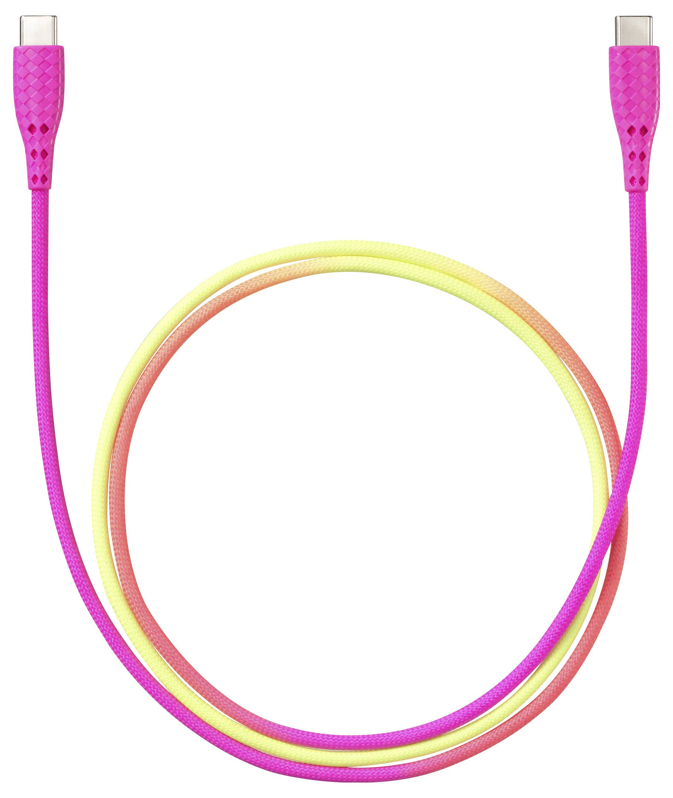 Ein USB-C zu USB-C Kabel mit rosa und gelb verlaufendem Farbverlauf, verstärkten Anschlüssen an beiden Enden, das kreisförmig aufgewickelt ist.