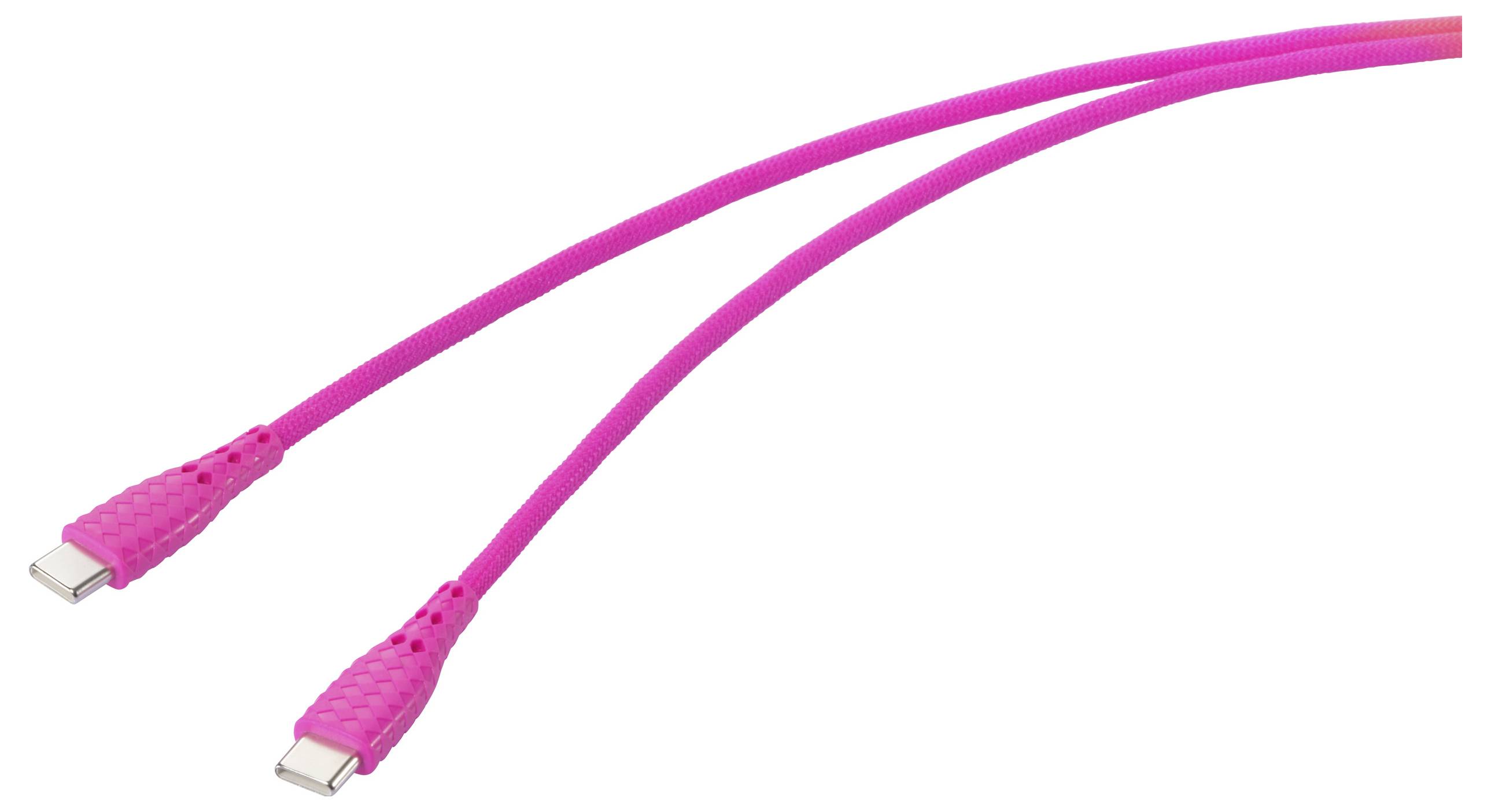 Zwei rosa USB-C-Kabel mit geflochtener Ummantelung, die vor einem weißen Hintergrund angewinkelt nach rechts gezeigt werden.
