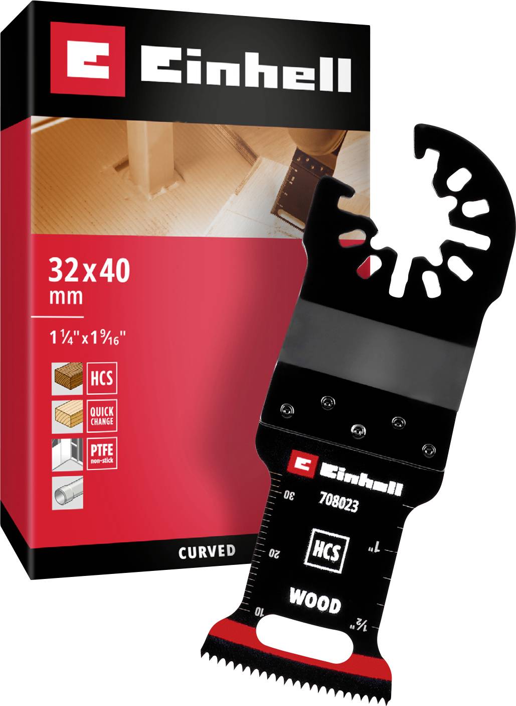 Einhell Sägeblatt für Holz, HCS-Material, 32x40 mm, abgebildet mit Verpackung; passend für Multifunktionswerkzeuge.