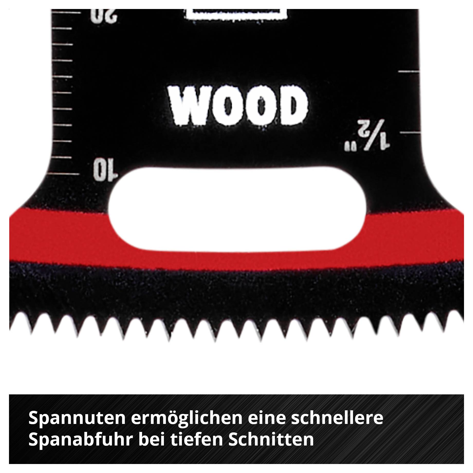 Sägeblatt für Holz mit Aufschrift 'WOOD', tief gezahnt. Text darunter: 'Spannuten ermöglichen eine schnellere Spanabfuhr bei tiefen Schnitten'.