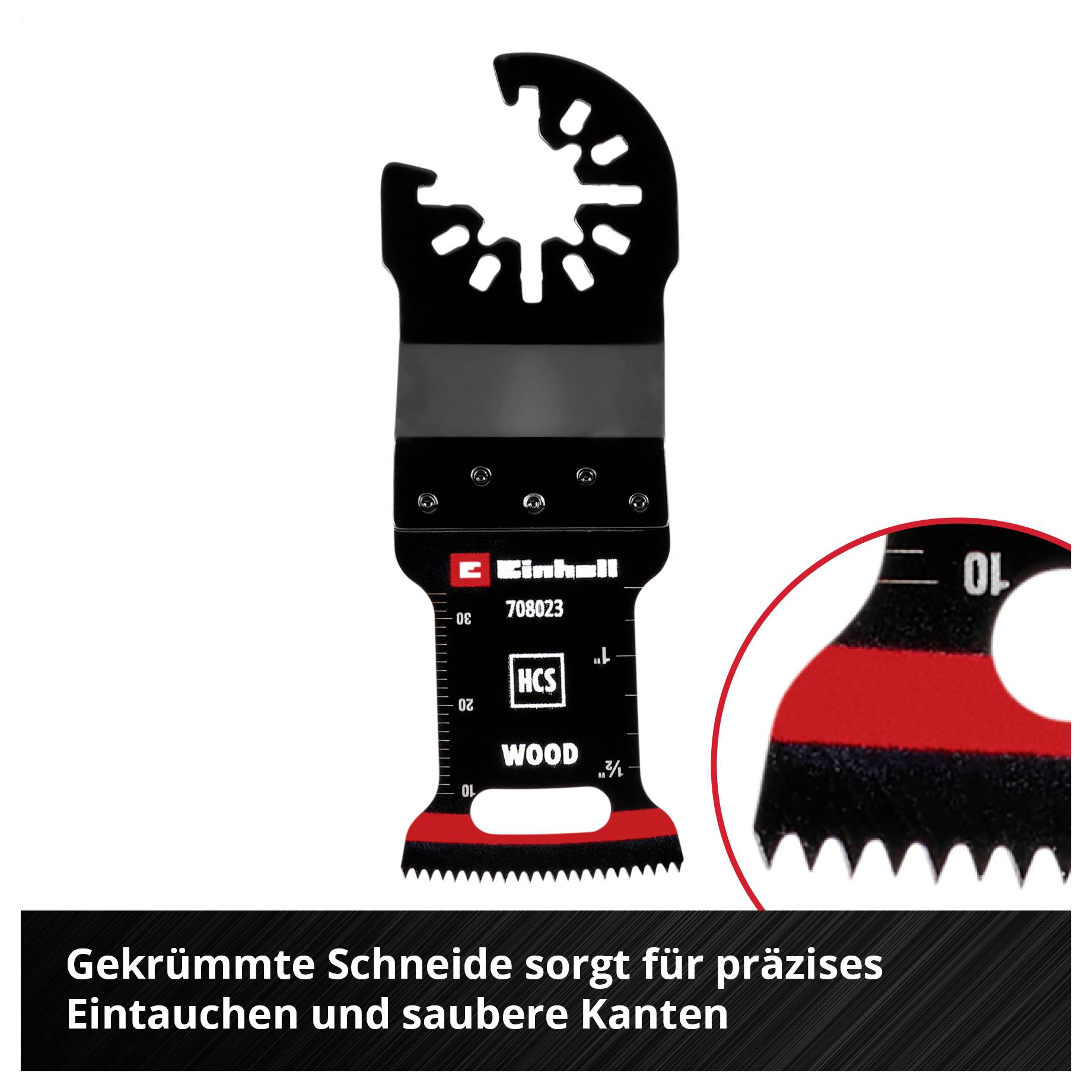 Schwarz-rotes Einhell Sägeblatt mit gebogenem Design für präzises Eintauchen und saubere Schnitte. Geeignet für Holz.
