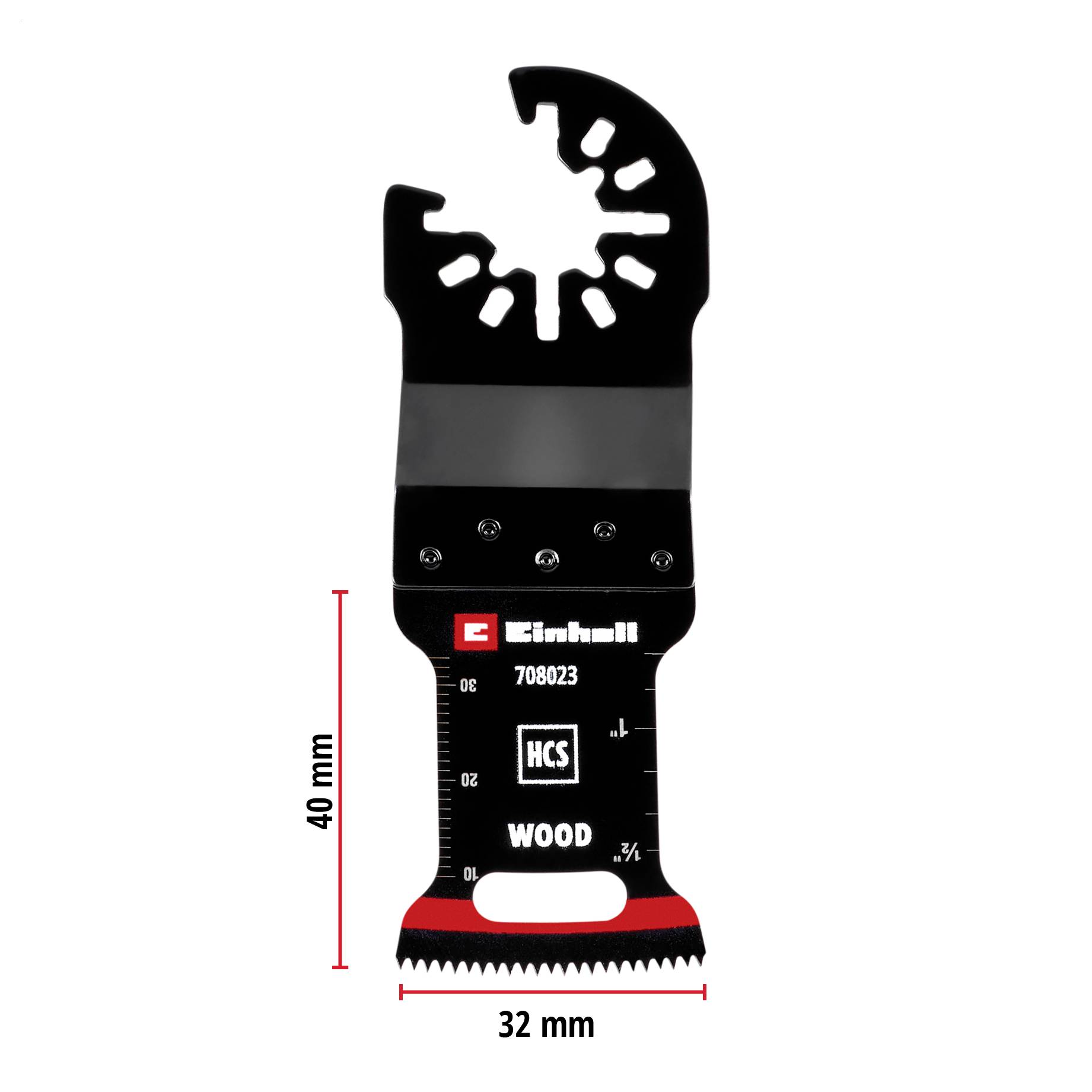 Multitool-Sägebitter mit gezahnten Kanten, 40 mm Länge, 32 mm Breite, geeignet für Holz. Schwarzes Design mit roten Markierungen.