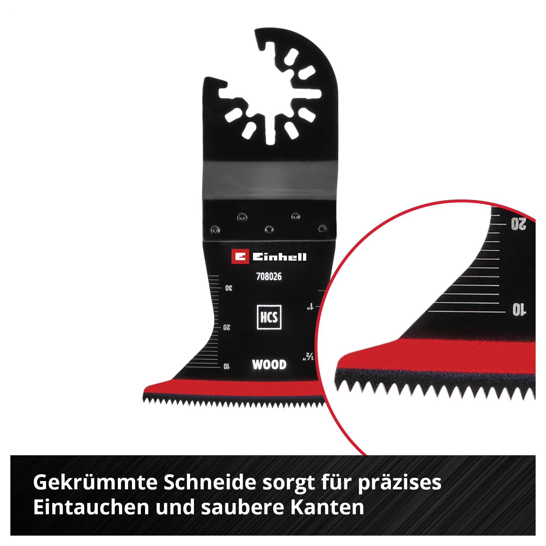 Einhell Sägeblatt mit gekrümmter Schneide für präzises Eintauchen. Detailaufnahme zeigt gezackte Kante. Geeignet für Holz.